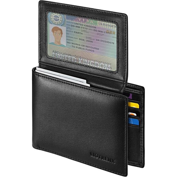 🆕Men's Black Leather Bifold RFID Blocking Wallet with 2 Flip-Up ID Windows - Picture 1 of 7